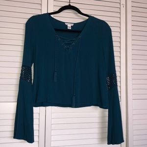 Blue Long Sleeve Tie-up Blouse